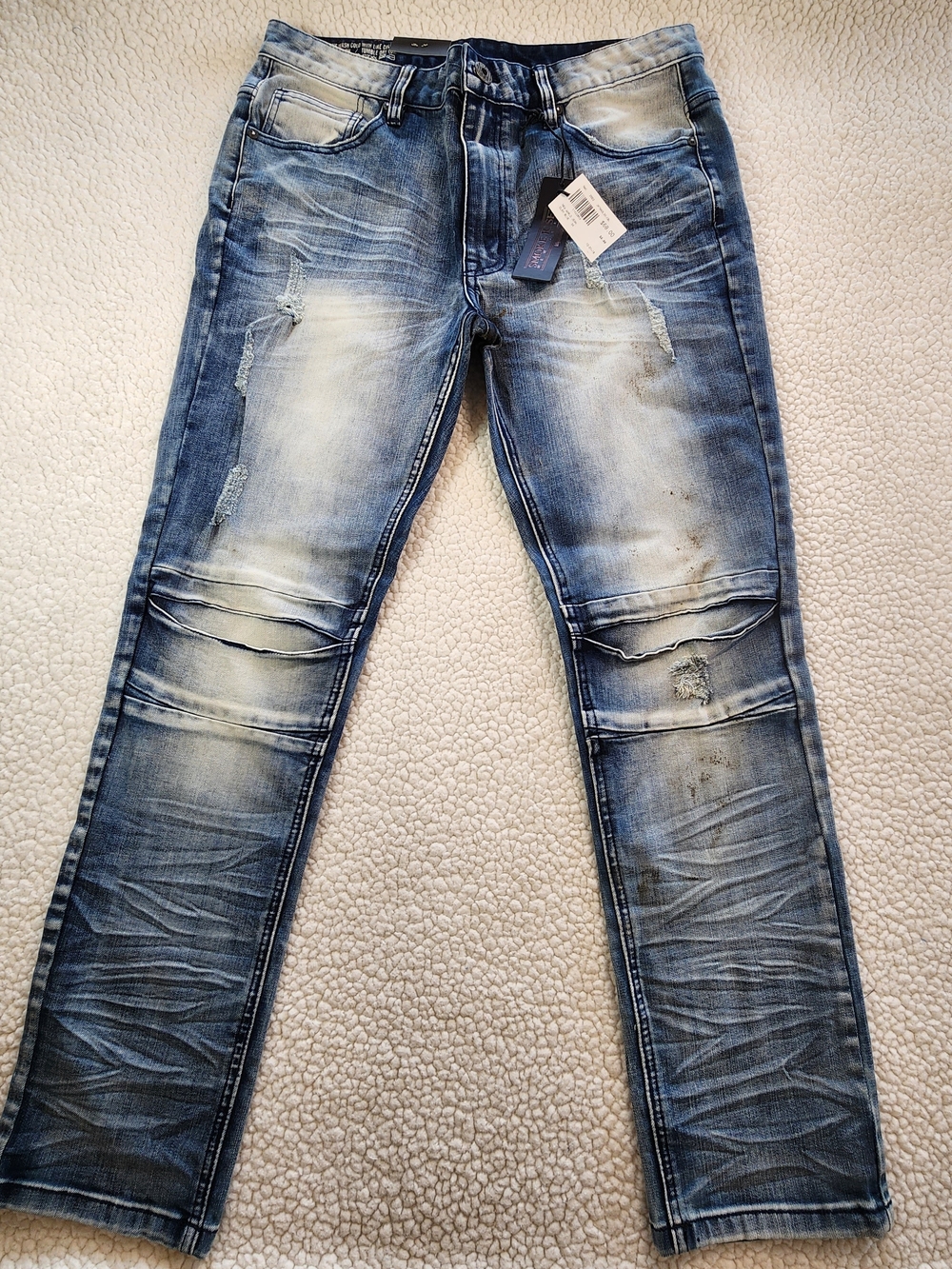 NWT Smoke Rise New World Jeans Clay Blue Distressed Ripped Slim Straight 34x30